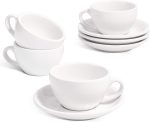 Cappuccino Cups with Saucers 6 oz, Set of 4 Ceramic Coffee Cup and Saucer Set for Latte, Au Lait, Flat White, Mocha, Tea, Embossed Coffee Cups, White