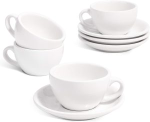 Cappuccino Cups with Saucers 6 oz, Set of 4 Ceramic Coffee Cup and Saucer Set for Latte, Au Lait, Flat White, Mocha, Tea, Embossed Coffee Cups, White