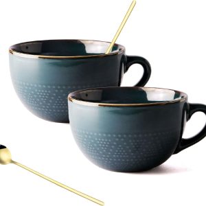 700 ML Large Ceramic Coffee Mug 2 Set with Coaster and Spoon，Grain Soup Cup/Coffee Mug/Salad Bowl for Coffee, Tea, Ice Cream, Cereal (Dark green 2 set)