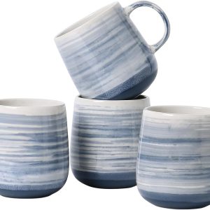 Coffee Mugs, Set of 4 Ceramic Mugs with Blue and White Gradient Stripes, 12oz Modern Cups with Comfortable Handle - Dishwasher & Microwave Safe, Design for Home, Office, Daily Use