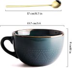700 ML Large Ceramic Coffee Mug 2 Set with Coaster and Spoon，Grain Soup Cup/Coffee Mug/Salad Bowl for Coffee, Tea, Ice Cream, Cereal (Dark green 2 set)