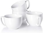 16oz Large Coffee Mugs Set of 4 - Thick White Porcelain Cups for Cappuccino, Latte, Tea & Hot Chocolate - Dishwasher Safe Ceramic with Comfort Grip Handles