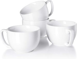 16oz Large Coffee Mugs Set of 4 - Thick White Porcelain Cups for Cappuccino, Latte, Tea & Hot Chocolate - Dishwasher Safe Ceramic with Comfort Grip Handles