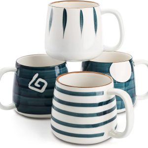 Set of 4 Porcelain Coffee Mugs, 17 Oz Ceramic Coffee Cups with Handles, Large Hand-Painted Tea Cups for Cappucino, Milk, Latte, Cocoa, Hot or Cold Drinks, Microwave & Dishwasher Safe
