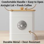 Airtight Coffee Canister - 40 oz Large Iron White Coffee Container Airtight - 6 x 8 inch Metal Jar - Stylish Countertop Container for Grounds, Beans, Pods & More with Rubber-Lined Bamboo Lid