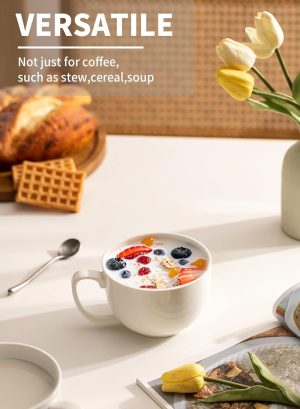 16oz Large Coffee Mugs Set of 4 - Thick White Porcelain Cups for Cappuccino, Latte, Tea & Hot Chocolate - Dishwasher Safe Ceramic with Comfort Grip Handles