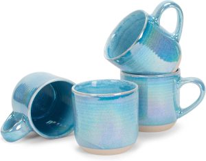 Glossy Reactive Glaze Large 17 Fluid Ounce Everyday Kitchen Food Grade Ceramic  Coffee Mug Cup with Comfort Curved Handles, Set of 4, Blue