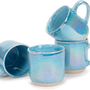 Glossy Reactive Glaze Large 17 Fluid Ounce Everyday Kitchen Food Grade Ceramic  Coffee Mug Cup with Comfort Curved Handles, Set of 4, Blue
