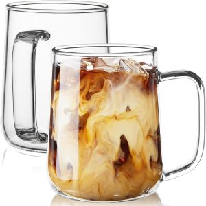 Large Glass Coffee Mugs, 20 oz Glass Coffee Cups Set of 2, Clear Borosilicate Glass Mugs with Handles for Cappuccino, Tea, Latte, Hot/Cold Beverages, Wine, Americano