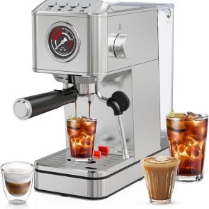 Espresso Machine 20 Bar with Steam Milk Frother, Stainless Steel Coffee Machine with Removable Water Tank for Cappuccino,Latte, Compact Stainless Steel Coffee maker for home,Great Gift