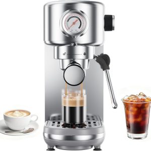 Espresso Machine, 20 Bar Compact Espresso Coffee Machine with Milk Frother, Stainless Steel Coffee Maker with 44oz Removable Water Tank & Fast Heat System for Cappuccino, Latte