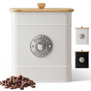 Airtight Coffee Canister - 40 oz Large Iron White Coffee Container Airtight - 6 x 8 inch Metal Jar - Stylish Countertop Container for Grounds, Beans, Pods & More with Rubber-Lined Bamboo Lid