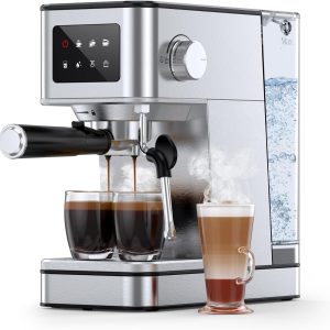 20 Bar Espresso Machine with Milk Frother, Stainless Steel Coffee Maker with Touch Screen & Cold Brew, 45s Fast Heat Small Cappuccino & Latte Machine with 57.5oz Removable Water Tank for Home, Silver