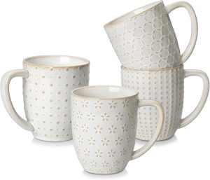 Coffee Mugs, 16 OZ Ceramic Mugs Set of 4 with Handle, Embossment Cups for Latte, Hot Tea, Cappuccino, Mocha, Cocoa, Dishwasher & Microwave Safe Gift Set, White