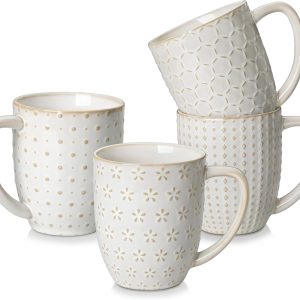 Coffee Mugs, 16 OZ Ceramic Mugs Set of 4 with Handle, Embossment Cups for Latte, Hot Tea, Cappuccino, Mocha, Cocoa, Dishwasher & Microwave Safe Gift Set, White