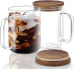Glass Coffee Mugs, 20 oz Clear Coffee Cups, Coffee Mug with Acacia Wood Lid, Tea Glass Cups with Handles, Large Coffee Mug Set of 2, Glass Coffee Cups for Latte, Espresso, Tea