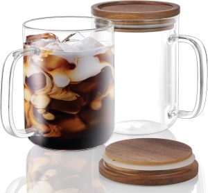 Glass Coffee Mugs, 20 oz Clear Coffee Cups, Coffee Mug with Acacia Wood Lid, Tea Glass Cups with Handles, Large Coffee Mug Set of 2, Glass Coffee Cups for Latte, Espresso, Tea