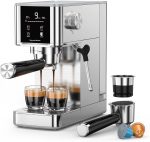 Bar Espresso Machine - Compact Expresso Coffee Machines Equipped with Capsule Portafilter, LED Display and Milk Frother, Stainless-Steel Cappuccino & Latte & Espresso maker for Home