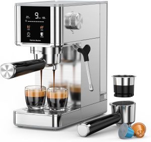 Bar Espresso Machine - Compact Expresso Coffee Machines Equipped with Capsule Portafilter, LED Display and Milk Frother, Stainless-Steel Cappuccino & Latte & Espresso maker for Home