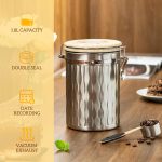 Coffee Container with Sealed Cantilever Lid and Scoop, Airtight Stainless Steel Kitchen Food Storage Canister with Date Tracker, 1.8L(Silver)