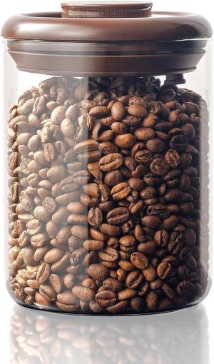 Glass Coffee Bean Jar – Pop Top Air Tight Coffee Bean Container with CO2 Valve, 10 oz Coffee Storage Airtight Canister, 0.63lb